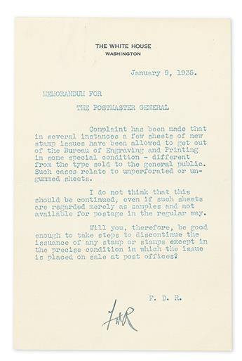 ROOSEVELT, FRANKLIN D. Two items: Typed Letter Signed, FDR, as President, to the Postmaster General * Sheet of 100 perforated stamps